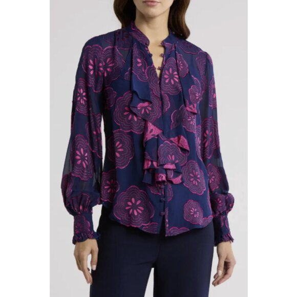 Trina Turk Women's St Marks Silk Blend Button-Up Blouse Size XL Blue/PInk NWT - Picture 1 of 16